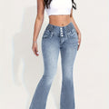 Stretch Comfort Women's High-Waist Stretch Denim Flare Jeans - Sexy Bell Bottoms with Slant Pockets, Light Blue Washed Mid-Rise Denim Pants for Everyday Style, Everyday Jeans | Sexy Highwaist Jeans | Comfortable Fit