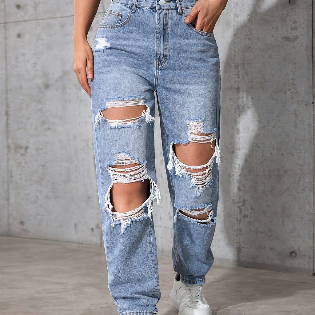 Light Blue Distressed Straight-Leg Vintage Long Pants