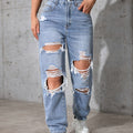 Light Blue Distressed Straight-Leg Vintage Long Pants