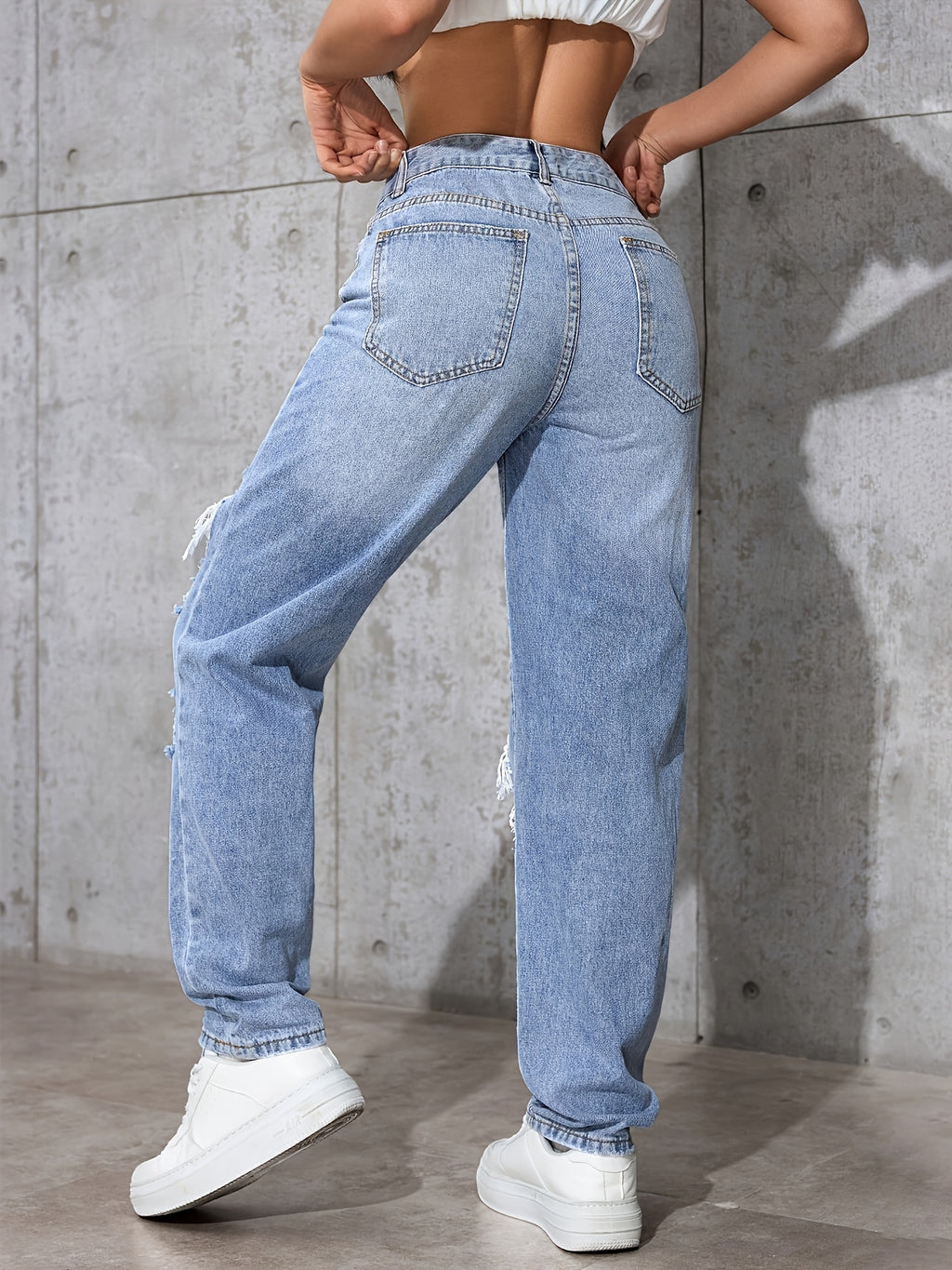 Light Blue Distressed Straight-Leg Vintage Long Pants