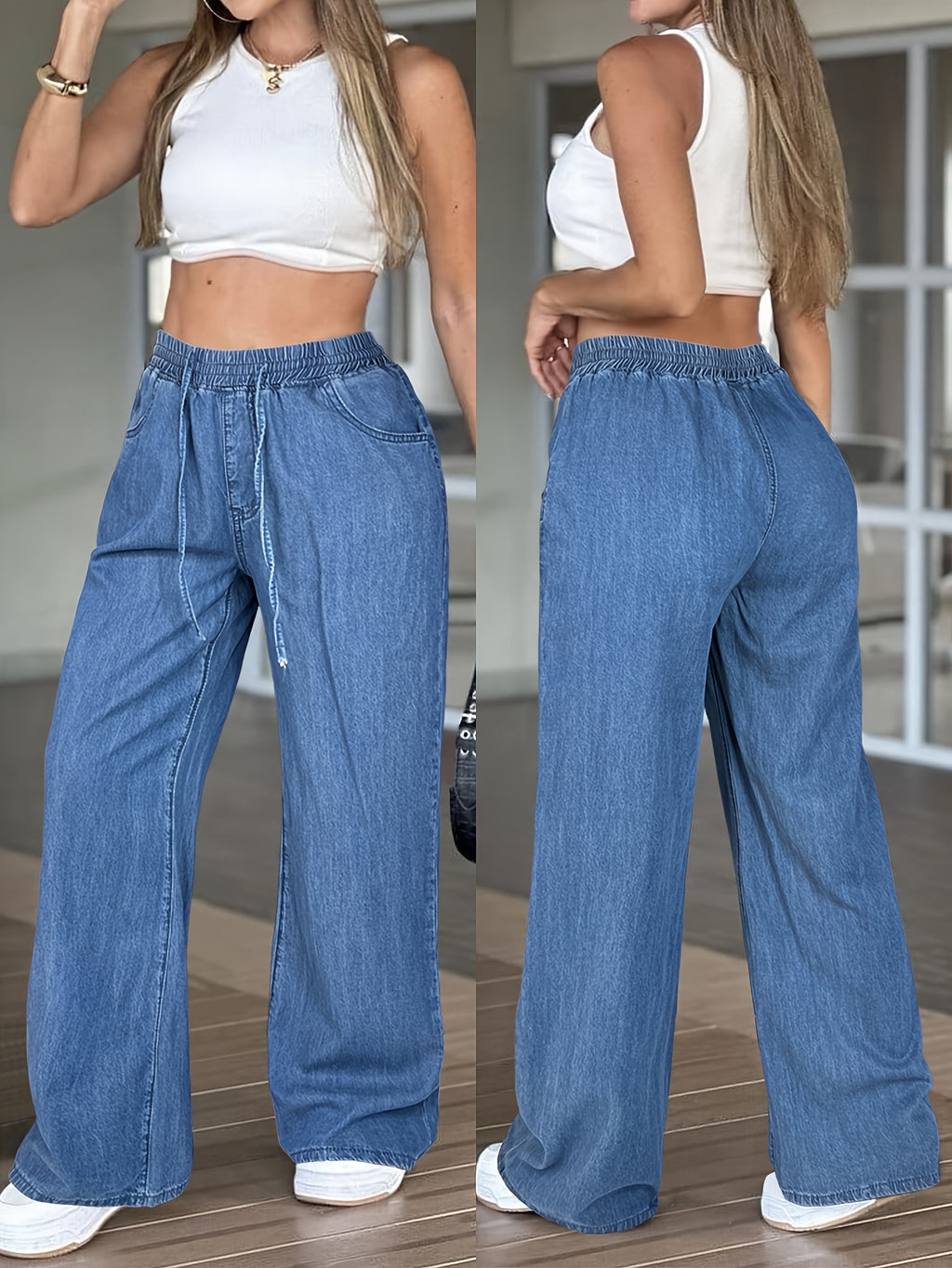 Women'S High Waist Straight Leg Jeans, Casual Non-Stretch Denim Pants, Solid Color, with Drawstring Waist, for All Seasons
