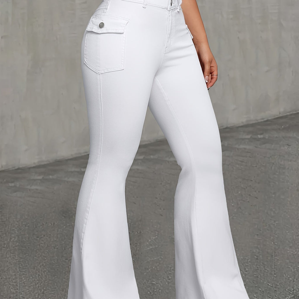Women's High-Waisted Stretchy Flared Jeans - White Slim Fit Denim Pants with Button Closure, Machine Washable Casual & Formal Wear, All-Season Versatile Trousers