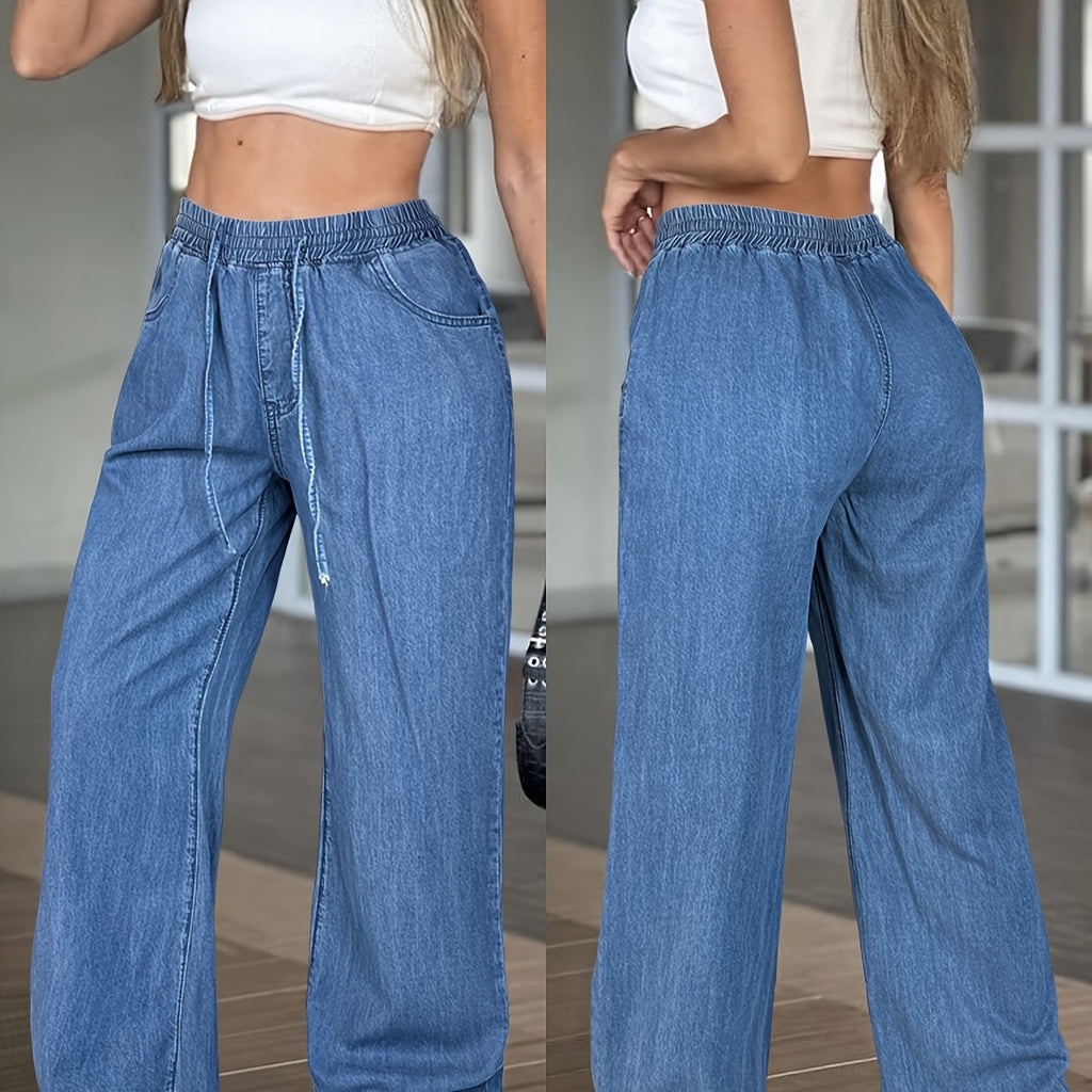 Women'S High Waist Straight Leg Jeans, Casual Non-Stretch Denim Pants, Solid Color, with Drawstring Waist, for All Seasons