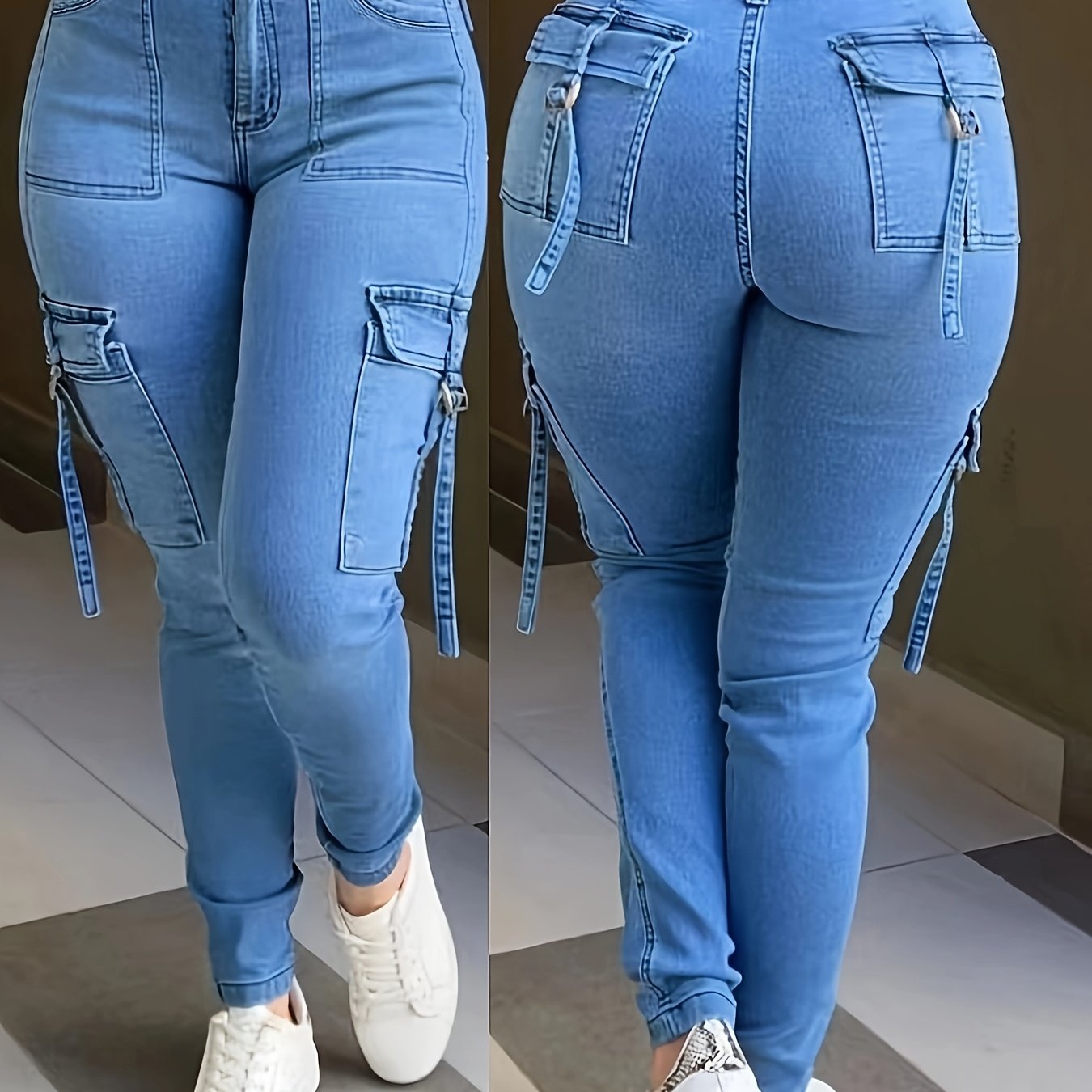 Women's High-Elasticity Skinny Cargo Jeans with Side Pockets - Stretch Denim, Mid-Rise, Light Blue, Street Style, Machine Washable