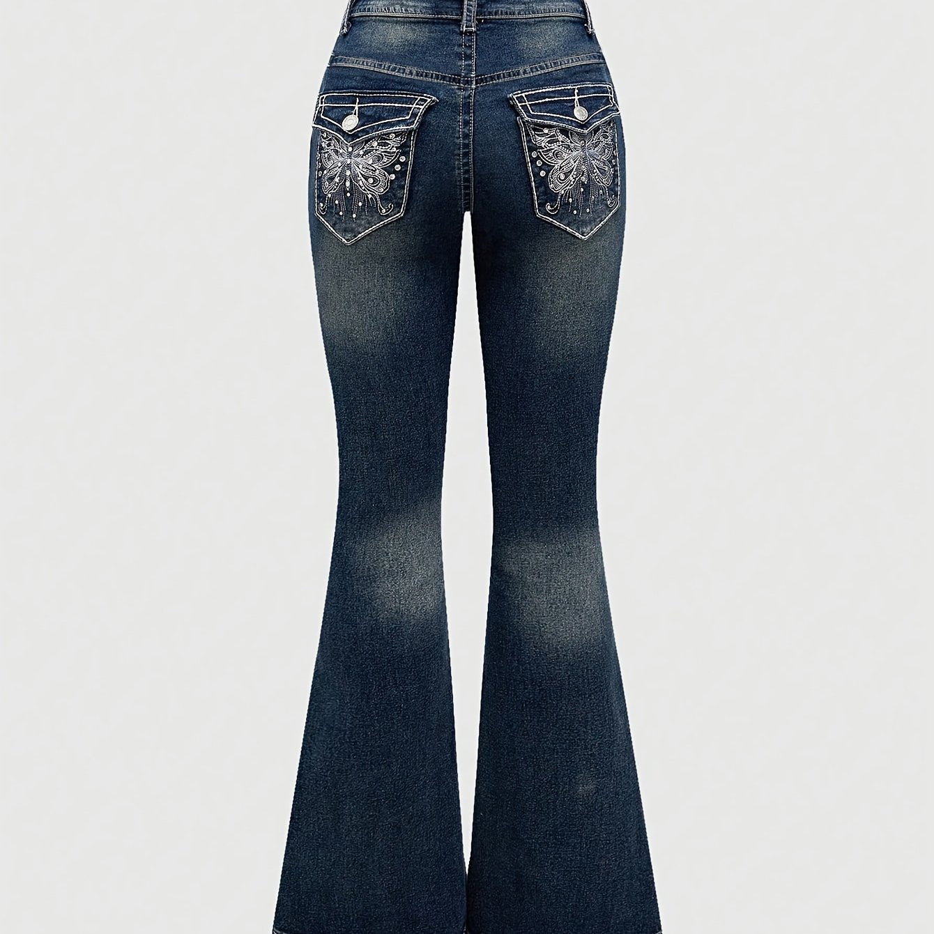 2024 Women's Hand-Embroidered Rhinestone Back Pocket Flared Jeans - Stretch Comfort Washed Denim, Elegant Machine-Washable All-Season Casual Pants, Comfortable Fashion, Fashionforward Design, Detailed Embroidery