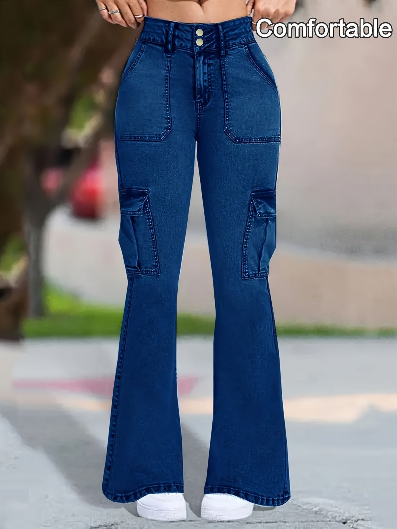 Women's High-Waist Stretch Denim Flare Jeans - Comfort Fit, Classic Slash Pockets, Dark Blue Washed, All-Season Wear