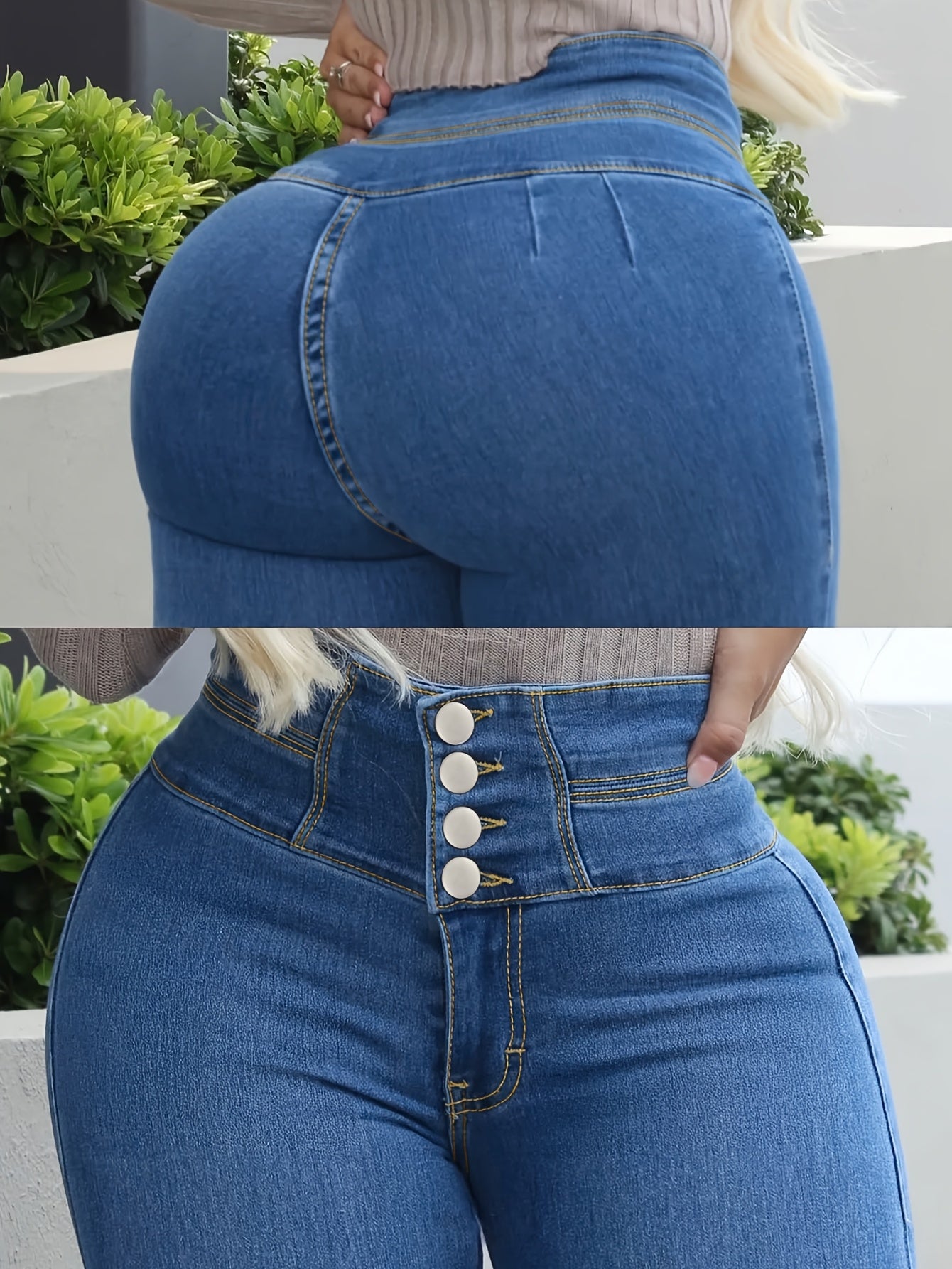 Traceable Women's High Waist High Elastic Button Tight Fitted Hip Lift Solid Color Body Shaping Jeans