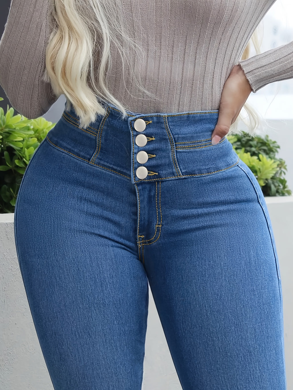 Traceable Women's High Waist High Elastic Button Tight Fitted Hip Lift Solid Color Body Shaping Jeans