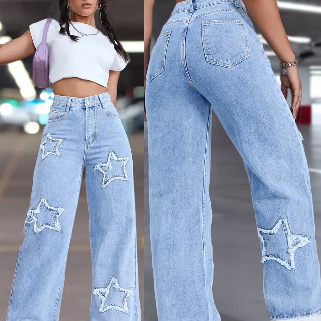Women's Elegant Star Straight-Leg Jeans - Stretch Denim, Comfort Fit, Machine Washable, Versatile All-Season Wear